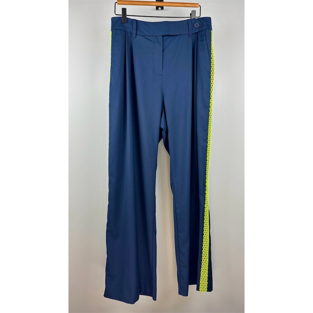 Wildfang Empower Pants Navy Wide-Leg High Rise Pleated Neon Stripe - Picture 4 of 10